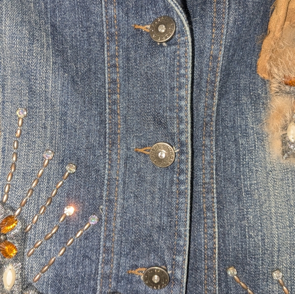 Embellished Denim Jacket by WEST 36th with Fox Fur Trim, Beaded Rhinestone - Picture 12 of 12